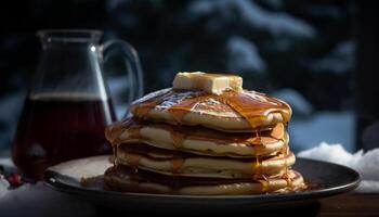 gourmet pannkaka stack med honung sirap hällde genererad förbi ai foto