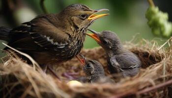 små stare matar hungrig bebis fåglar utomhus genererad förbi ai foto