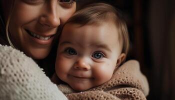 leende familj fattande nyfödd bebis flicka på Hem genererad förbi ai foto
