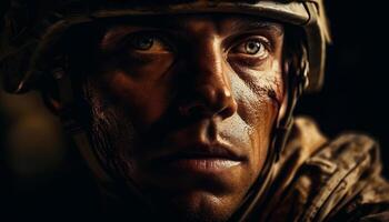 självsäker armén veteran- stirrar ner krigets utmaningar genererad förbi ai foto
