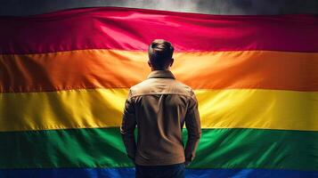 de kille stolt står på de bakgrund av de regnbåge flagga HBTQ gemenskap - generativ ai foto