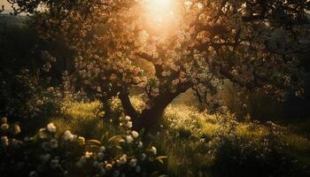 solbelyst träd grenar, en sommar ängens skönhet genererad förbi ai foto