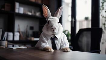 söt bebis kanin Sammanträde på affärsmans skrivbord genererad förbi ai foto
