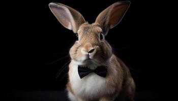 fluffig bebis kanin, söt rosett slips, porträtt genererad förbi ai foto
