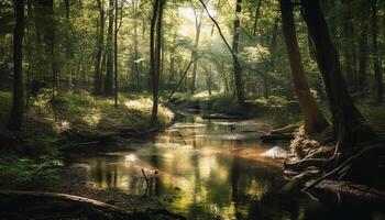 lugn landskap av grön träd förbi de strömmande vatten genererad förbi ai foto