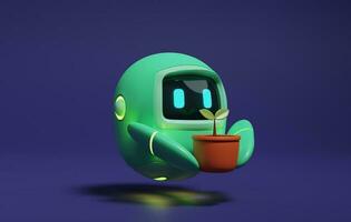 söt grön robot innehav en pott av växter på lila bakgrund. . 3d rendering, 3d illustration foto