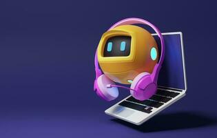 gul robot med ljus rosa hörlurar konversation teknologi och smart telefon på lila bakgrund. . 3d rendering, 3d illustration foto