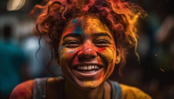 ung vuxna njut av traditionell festival med ansikte måla genererad förbi ai foto