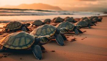 långsam hav sköldpadda krypande på sandig strand genererad förbi ai foto