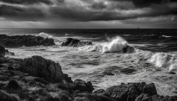 brytning vågor spray skum på klippig kust genererad förbi ai foto