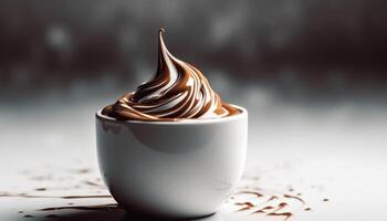 gourmet choklad efterrätt med krämig mjölk sås genererad förbi ai foto