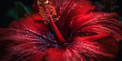 ai genererad. ai generativ. makro skott illustration av röd hibiskus blomma öppen stänga. grafisk konst foto