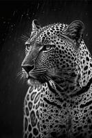 svart och vit Foto av en leopard i de regn. generativ ai.