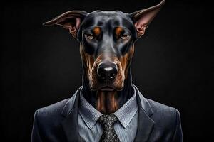 ai genererad studio porträtt av djärv arg doberman hund i kostym skjorta och slips bär solglasögon foto
