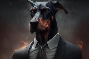 ai genererad studio porträtt av djärv arg doberman hund i kostym skjorta och slips bär solglasögon foto