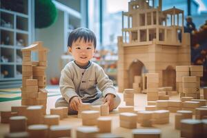 ai genererad söt liten unge spelar i montessori barn utveckling Centrum foto