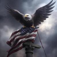 ai genererad USA 4:e juli oberoende dag firande med flagga Örn, människor och skön flicka foto