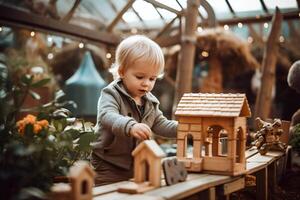 ai genererad söt liten unge spelar i montessori barn utveckling Centrum foto