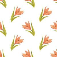 ritad för hand lilja sömlös mönster. vattenfärg orange lilja med grön löv på de vit bakgrund. klippbok design element. typografi affisch, märka, baner design uppsättning, textil. foto