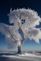 snö täckt träd Sammanträde på topp av en snö täckt backe. generativ ai. foto