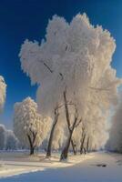 grupp av träd den där är täckt i snö. generativ ai. foto