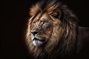 porträtt av en skön lejon och kopia Plats. lejon i mörk ai genererad foto