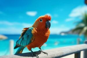 fantastisk papegoja fågel skapar en vibrerande kontrast med tropisk blå hav ai genererad foto