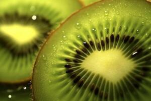 exotisk kiwi behandla, närbild av skivad kiwi frukt, spricker med syrlighet ai genererad foto