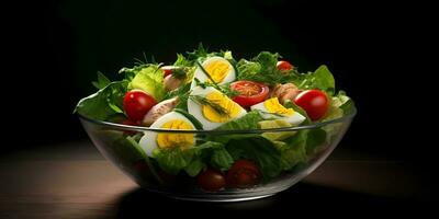 mikrogrönsaker sallad med ägg, grönsaker och frukt friska livsstil, ai genererad foto