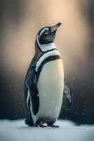 pingvin den där är stående i de snö. generativ ai. foto