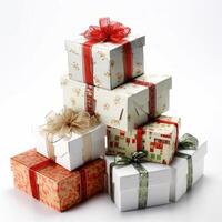 glad jul och Lycklig ny år design. realistisk lugg gåvor lådor. ai genererad. foto