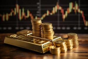 investering guld och mynt i de stock marknadsföra. aktier Graf representerar investering - generativ ai foto