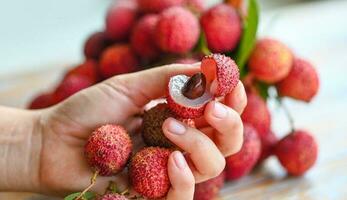 litchiprodukter på hand, färsk mogen litchi frukt tropisk frukt skalad litchiprodukter skiva i thailand foto