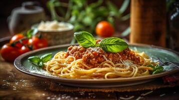 ai genererad. klassisk italiensk maträtt al dente spaghetti med smakrik bolognese sås. rustik tabell miljö med parmesan ost och basilika. årgång gaffel slutförs de bild. foto