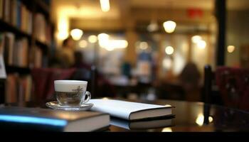 läsning lärobok på tabell med kaffe kopp i bakgrund inomhus genererad förbi ai foto