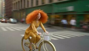vuxen kvinna cykling genom stad trafik i suddig rörelse genererad förbi ai foto