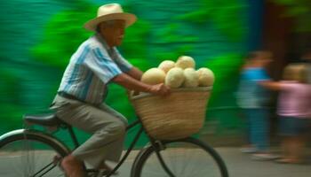 mogna jordbrukare cykling med korg av färsk grönsaker i rörelse genererad förbi ai foto