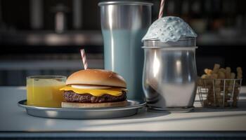 gourmet ostburgare måltid med frites och cola på amerikan bar genererad förbi ai foto