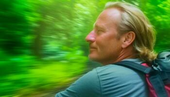 ett person vandring i de skog, njuter natur skönhet genererad förbi ai foto