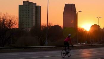 silhuett av cyklist i rörelse, njuter friska stad livsstil genererad förbi ai foto