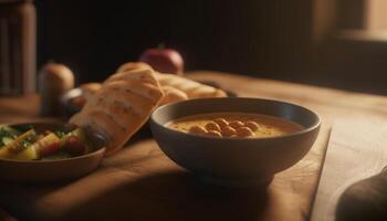 friska vegetarian måltid med färsk frukt och hemlagad bröd genererad förbi ai foto