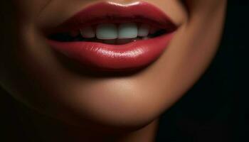 skön ung kvinna med skinande mun och perfekt tänder ler genererad förbi ai foto