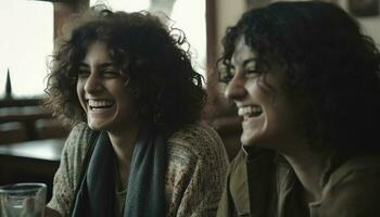 två ung kvinnor Sammanträde inomhus, skrattande med toothy ler genererad förbi ai foto