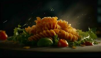 friska vegetarian pasta måltid med färsk organisk Ingredienser på rustik tabell genererad förbi ai foto