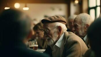 senior män och kvinnor Sammanträde tillsammans, njuter pensionering firande genererad förbi ai foto