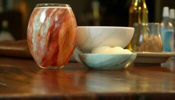 rustik krukmakeri skål innehar färsk organisk måltid i modern kök genererad förbi ai foto