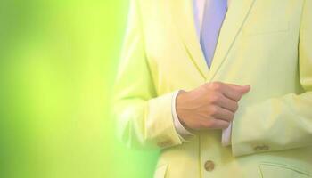 framgångsrik affärsman innehav gul jacka, gestikulerar med förtroende utomhus genererad förbi ai foto