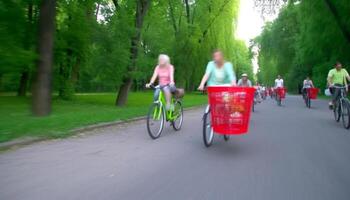 caucasian män och kvinnor cykling i natur för fritid aktivitet genererad förbi ai foto