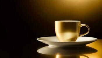 varm kaffe i svart råna med skummande cappuccino och reflexion genererad förbi ai foto
