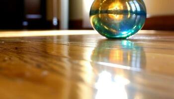 skinande glas boll speglar vibrerande färger på rena trä golv genererad förbi ai foto